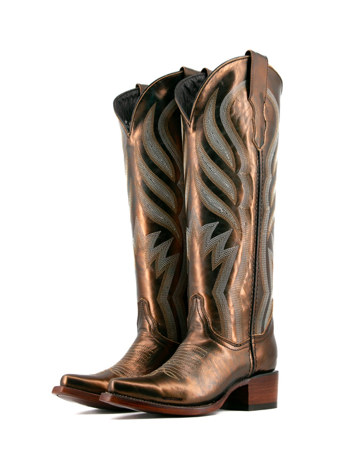 Metallic Bronze Snip-Toe Embroidery Wide Calf Tall Knee High Cowgirl Boots