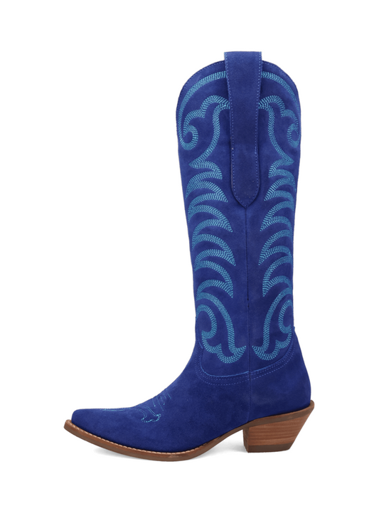 Snip-Toe Faux Suede Classic Embroidery Wide Mid Calf Cowgirl Boots - Blue