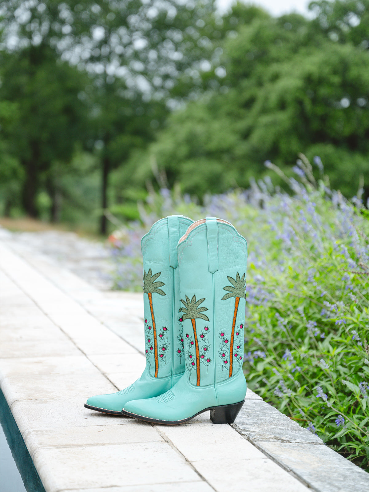 Light Green Almond-Toe Wide Calf Western Boots Knee High Tall Boots With Green Palm Inlay