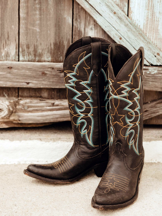 Black Pointed-Toe Star Embroidery Wide Mid Calf Tall Western Boots