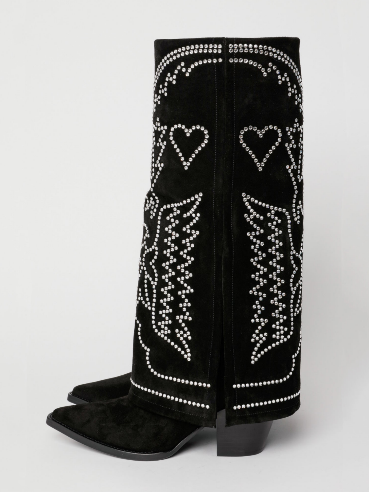 Fold-Over Panel Eagle And Heart Embroidered Rhinestone Snip-Toe Wide Mid Calf Boots - Black Faux Suede