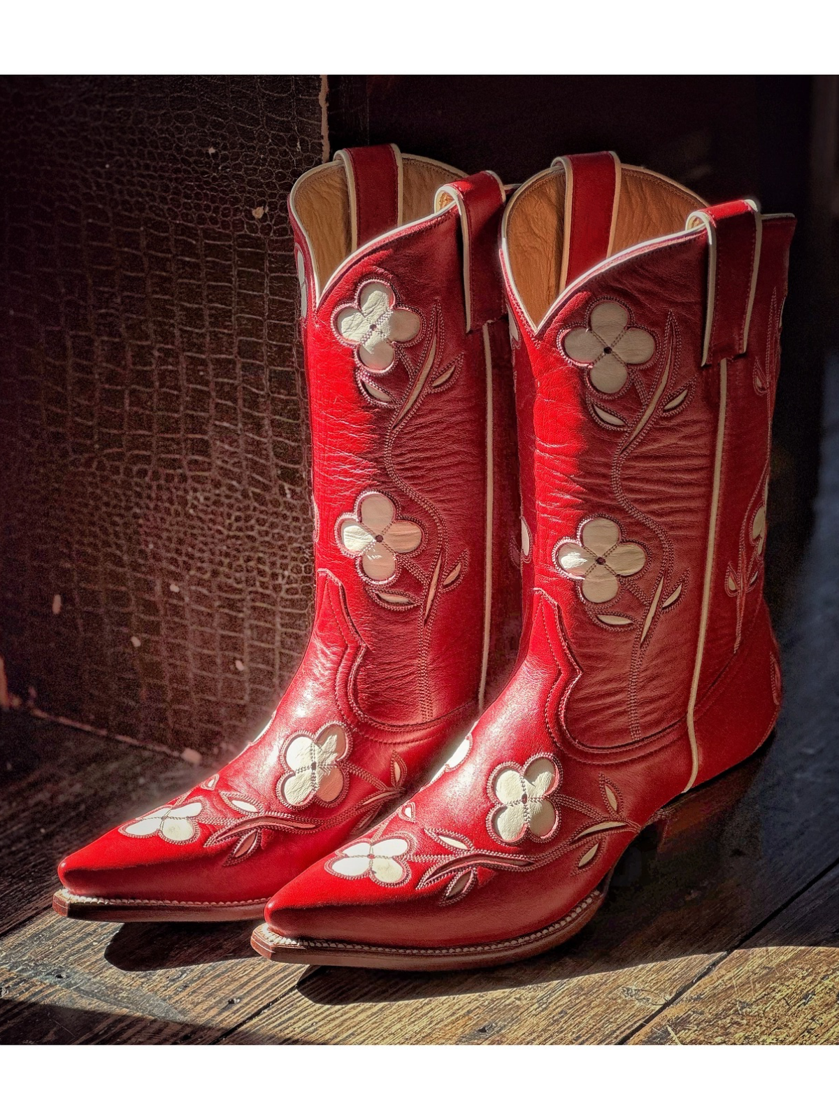 White Flower Inlay Pointed-Toe Wide Mid Calf Tall Cowgirl Boots In Red