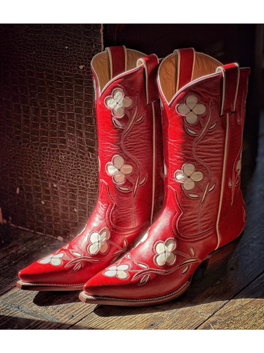 White Flower Inlay Pointed-Toe Wide Mid Calf Tall Cowgirl Boots In Red