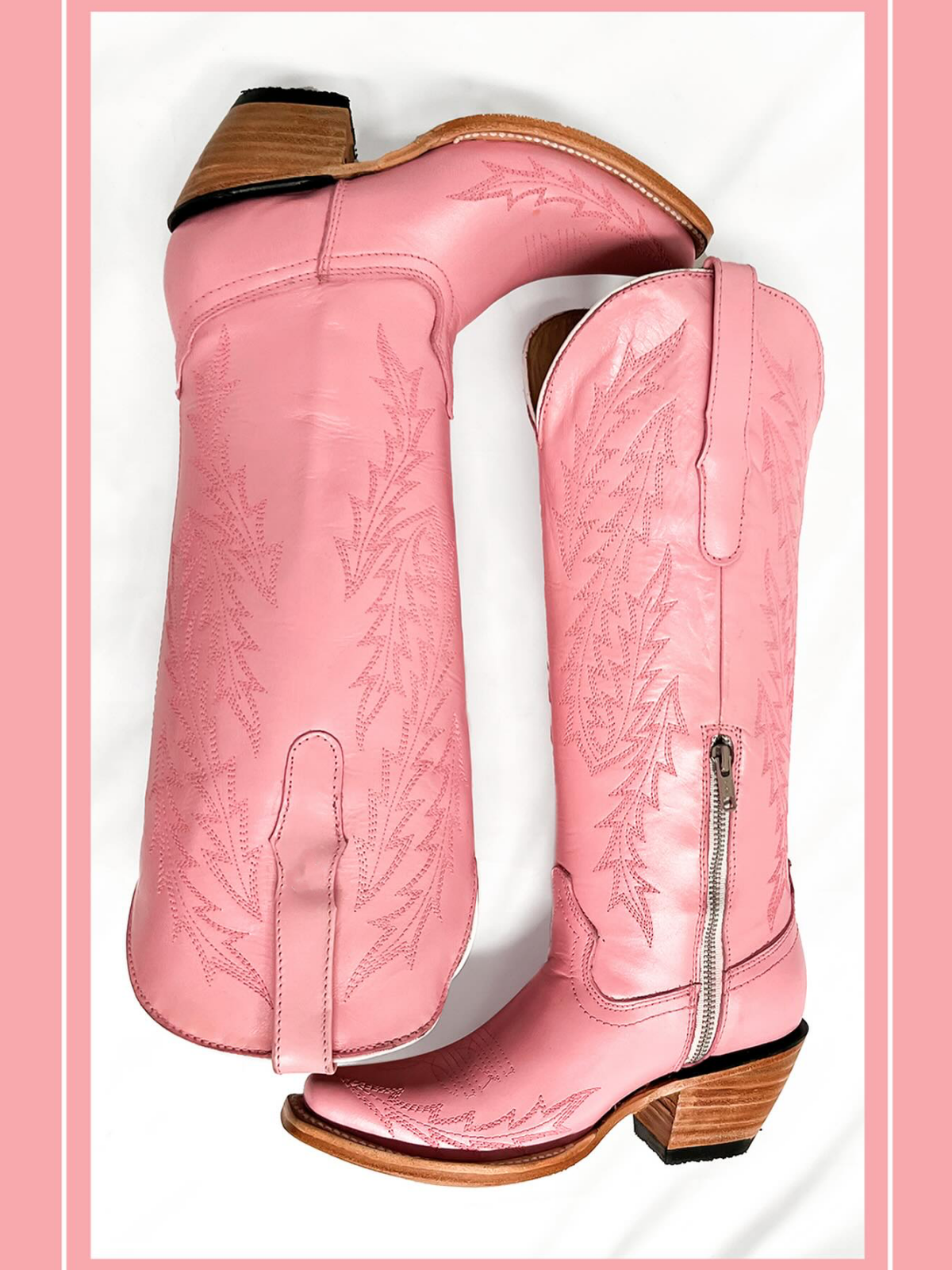 Snip-Toe Leaf Embroidery Half-Zip Mid Calf Tall Cowgirl Boots - Pink