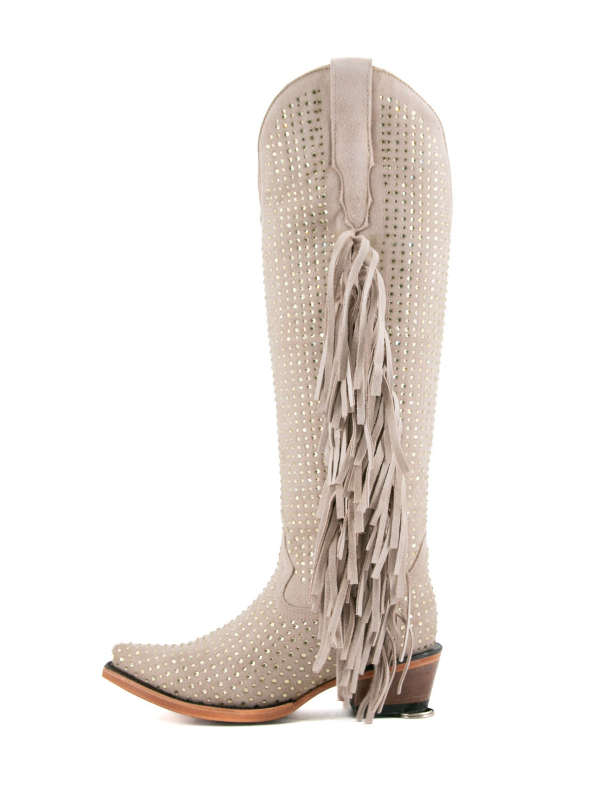 Beige Faux Suede Snip-Toe Half-Zip Fringe Rhinestone Knee High Tall Cowgirl Boots