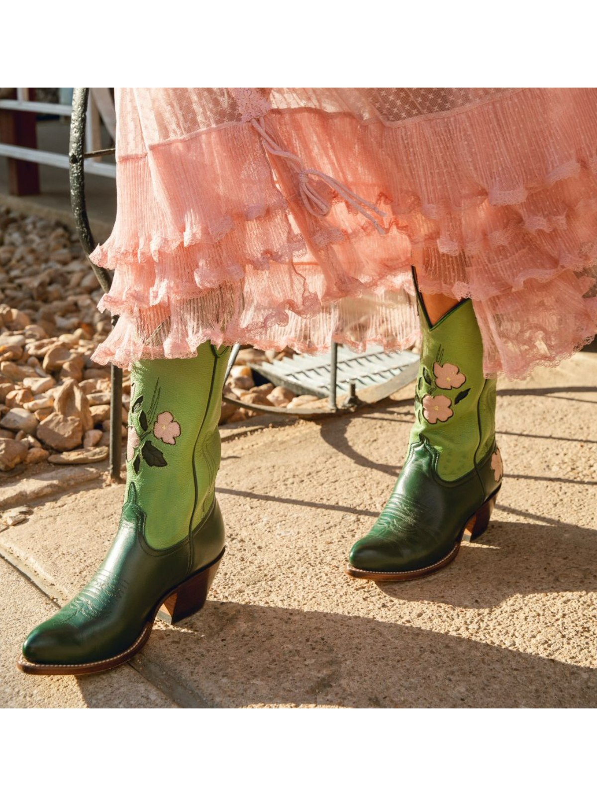 Contrast Green And Brown Almond-Toe Fresh Flower Inlay Wide Mid Calf Cowgirl Boots