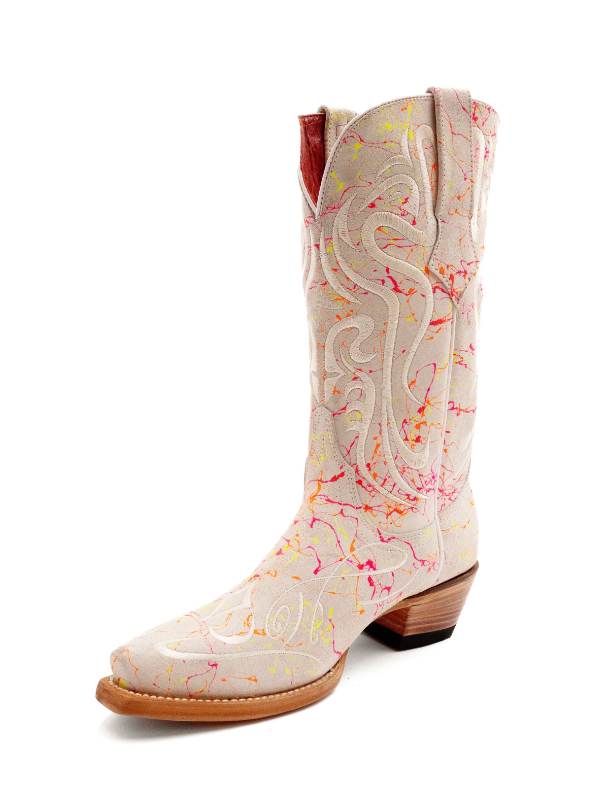 Ivory Faux Suede Scroll Embroidery Snip-Toe Cowgirl Tall Boots Wide Mid Calf Western Boots