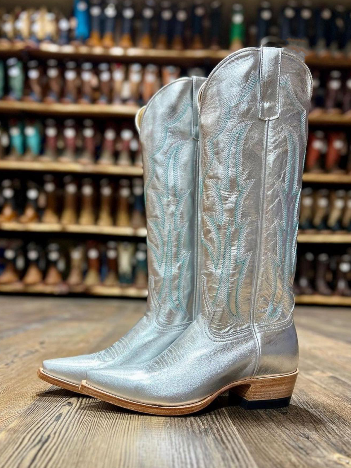 Metallic Silver Embroidery Snip-Toe Wide Mid Calf Cowboy Tall Boots For Women