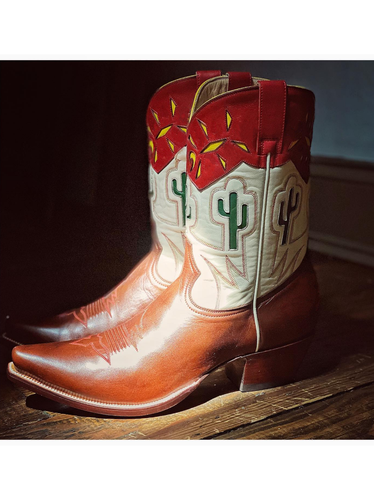 Contrast Tri-Color Cactus Inlay Snip-Toe Wide Mid Calf Cowgirl Boots