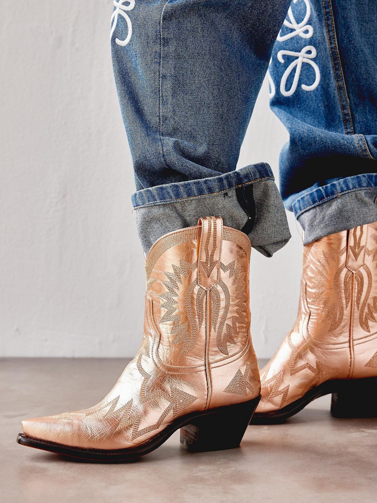 Metallic Embroidery Snip-Toe Wide Mid Calf Cowgirl Boots - Rose Gold