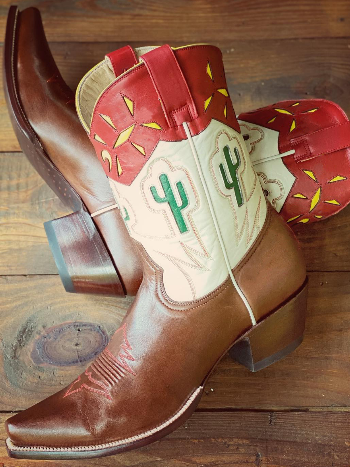 Contrast Tri-Color Cactus Inlay Snip-Toe Wide Mid Calf Cowgirl Boots