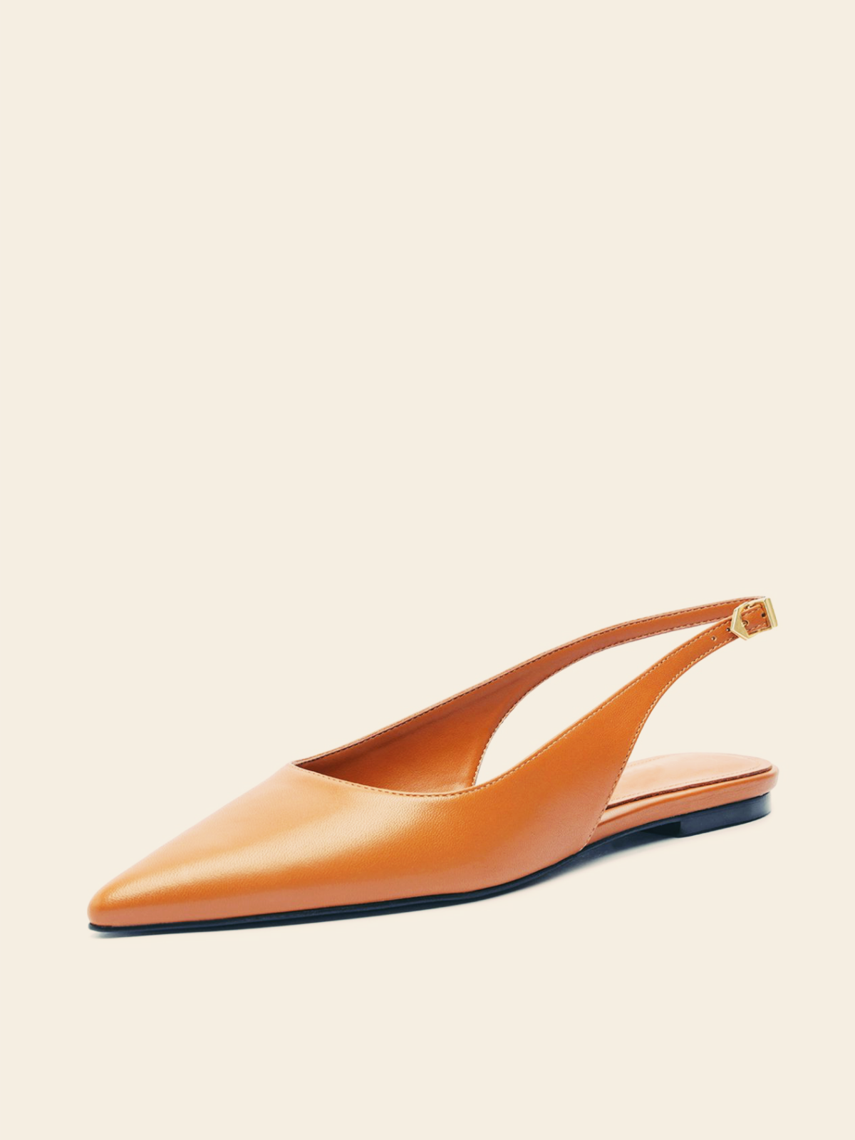 Orange Vegan Leather Pointy Flats Slingbacks With Buckled Back Strap