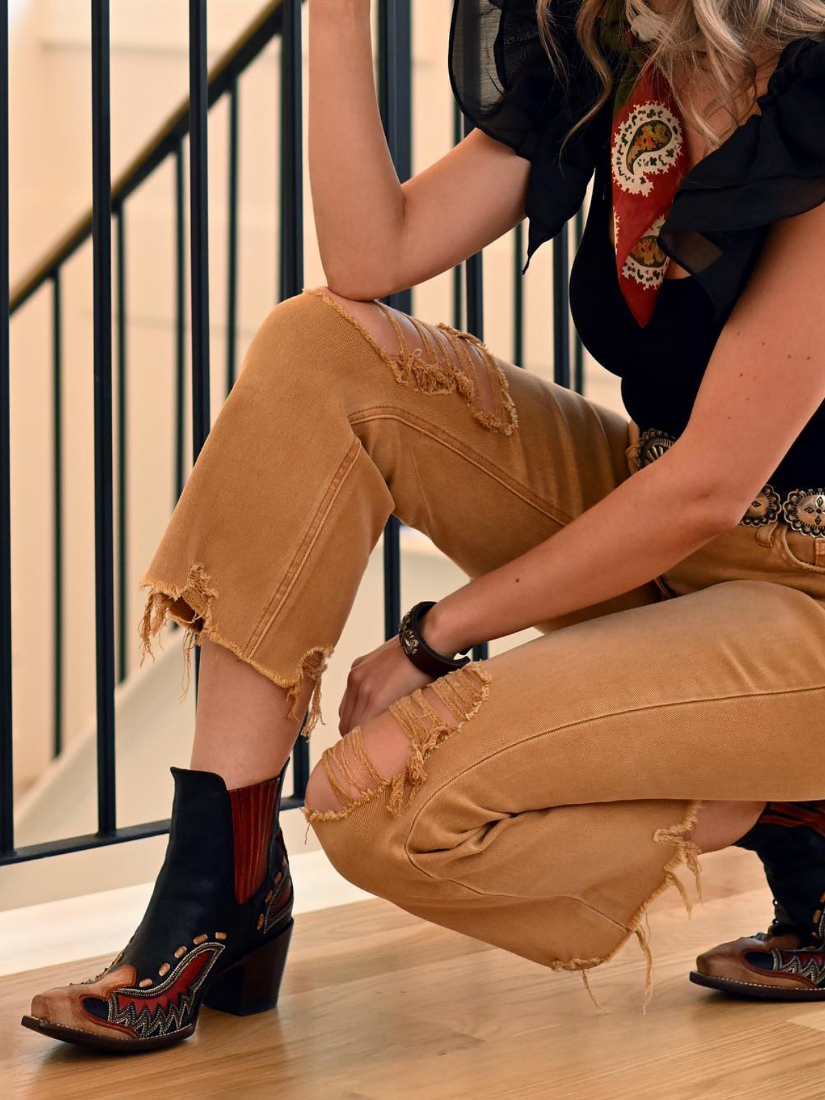 Contrast Navy And Brown Snip-Toe Running Stitch Inlay Ankle Booties