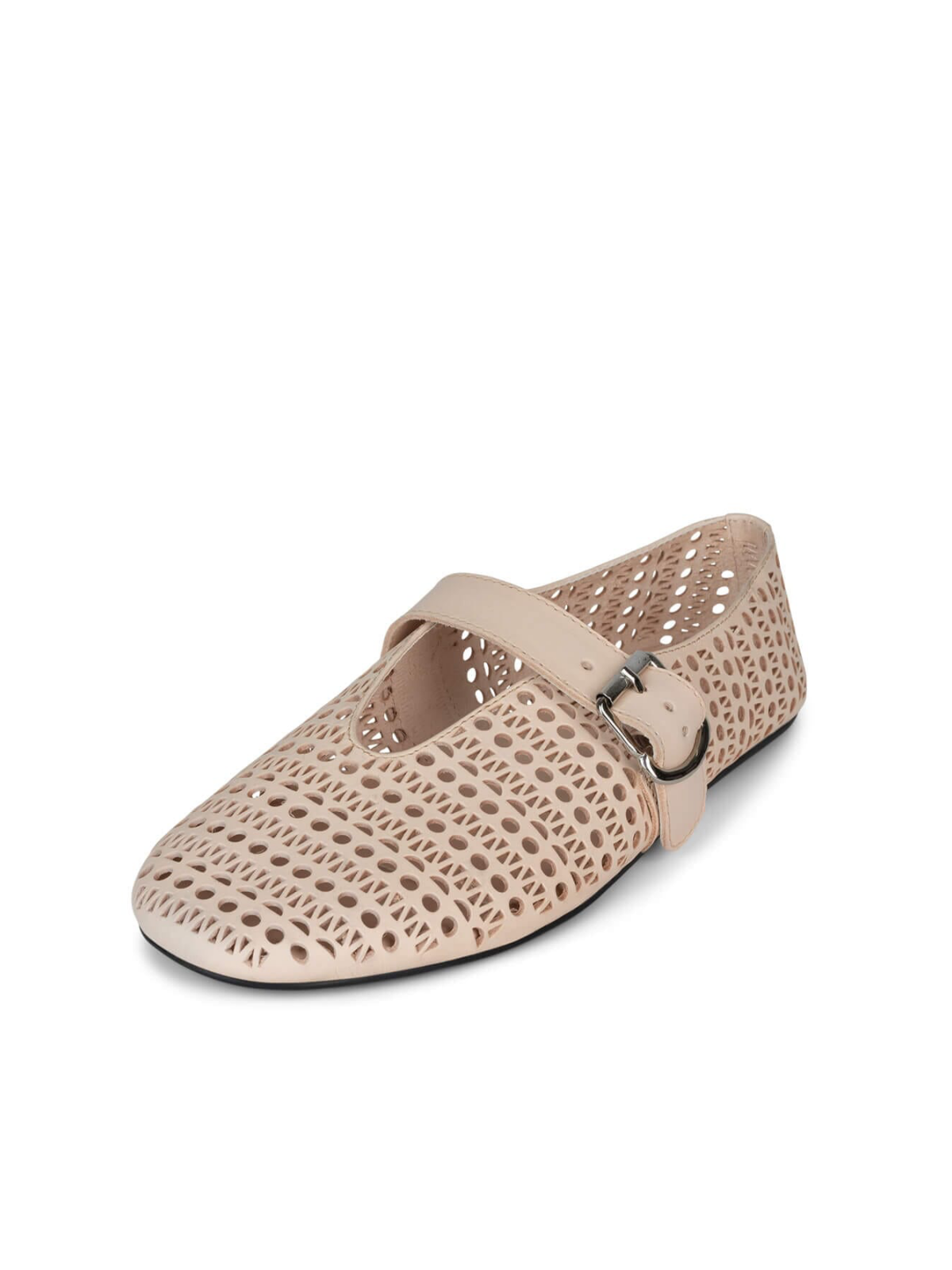 Dusty Beige Perforated Flats Cutout Mary Janes With Buckled Strap