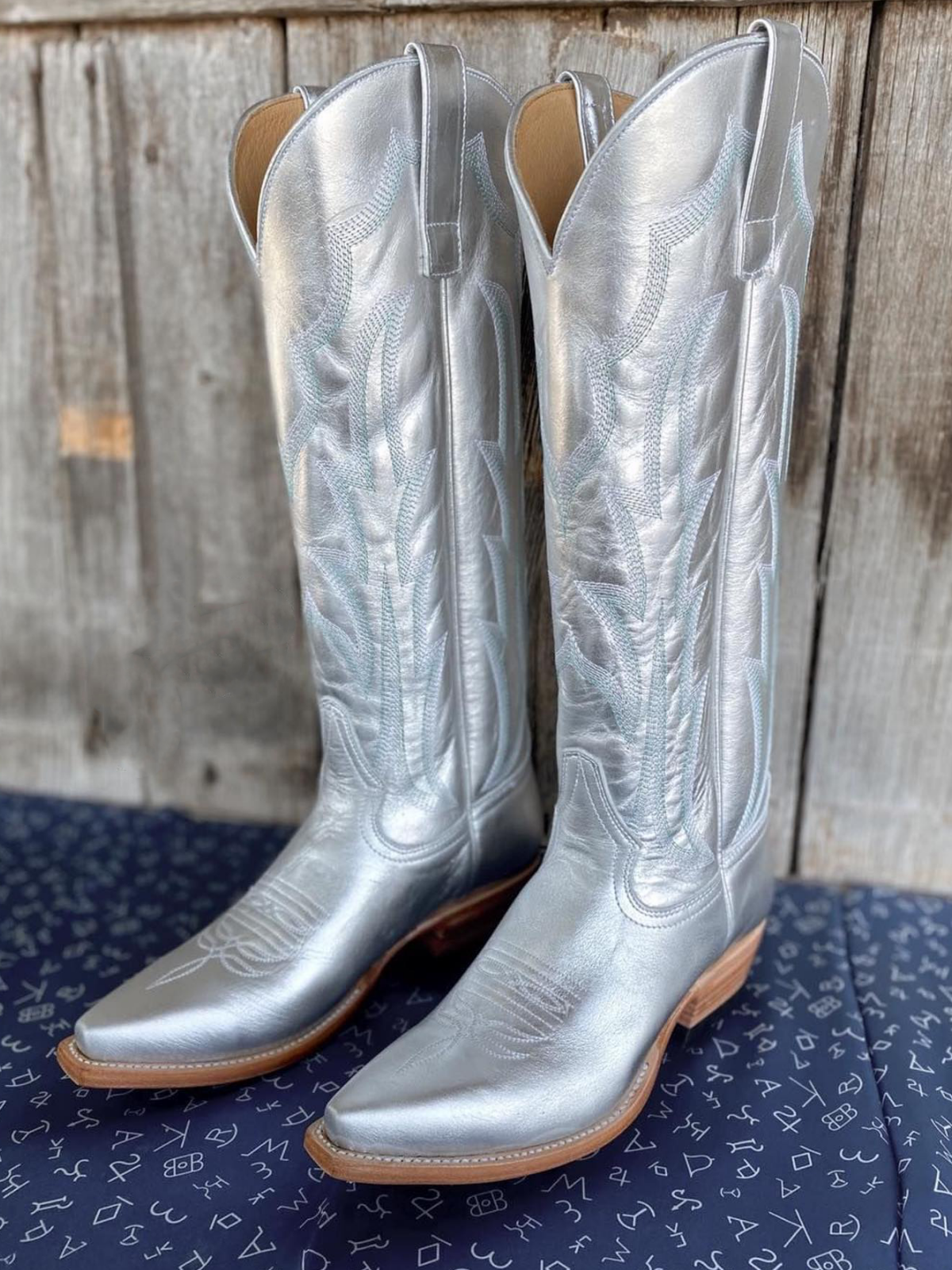 Metallic Silver Embroidery Snip-Toe Wide Mid Calf Cowboy Tall Boots For Women