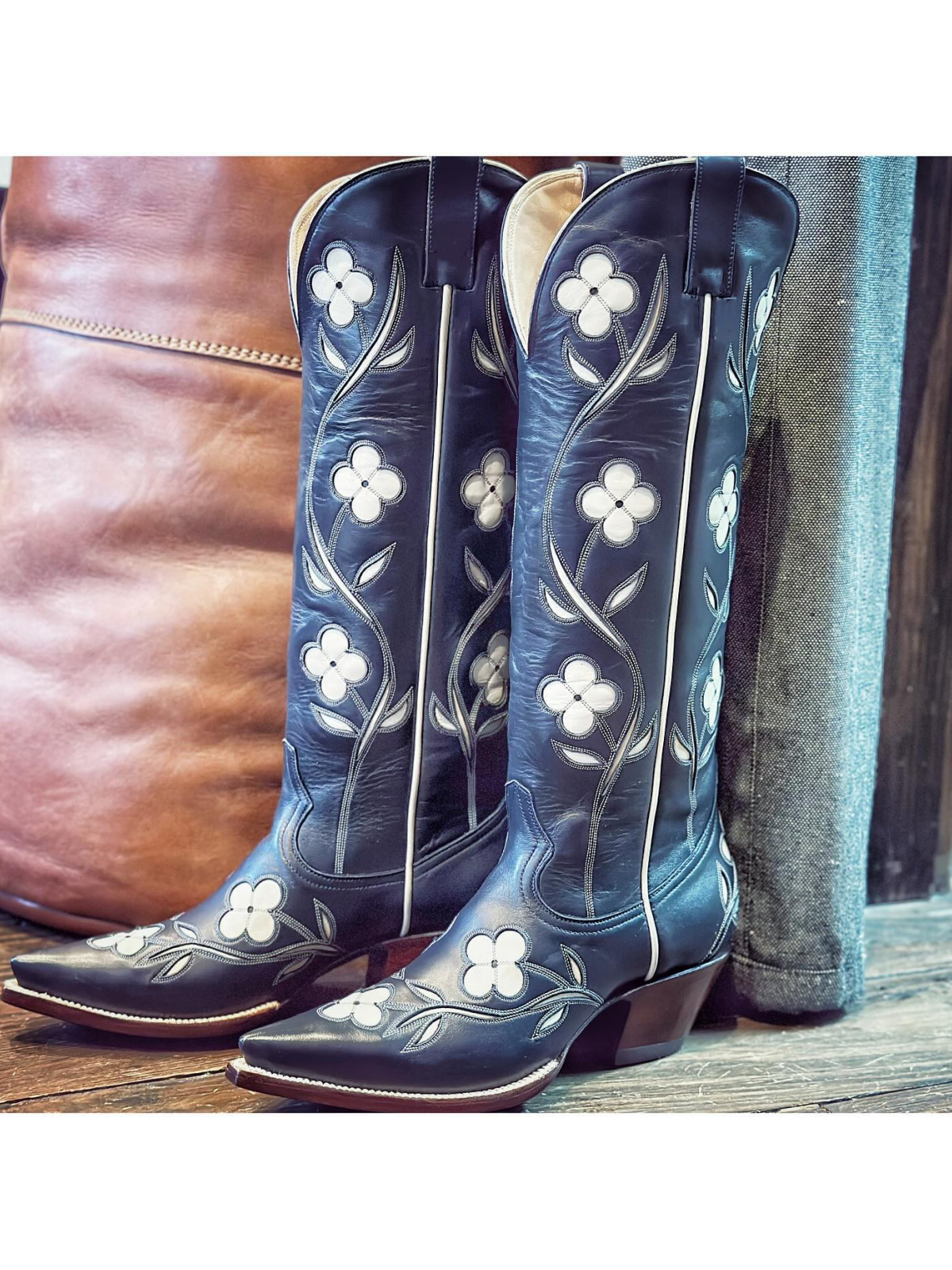 Dark Blue Pointed-Toe White Floral Inlay Wide Mid Calf Tall Cowgirl Boots