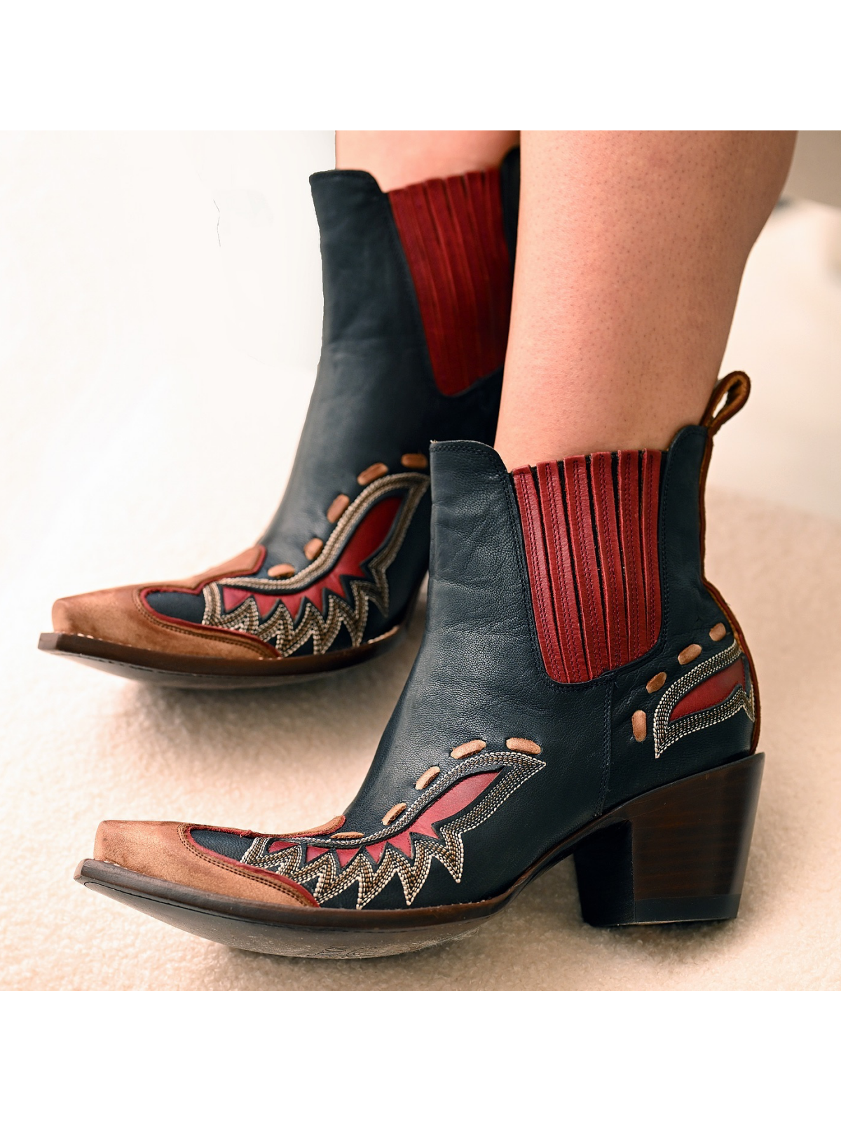 Contrast Navy And Brown Snip-Toe Running Stitch Inlay Ankle Booties