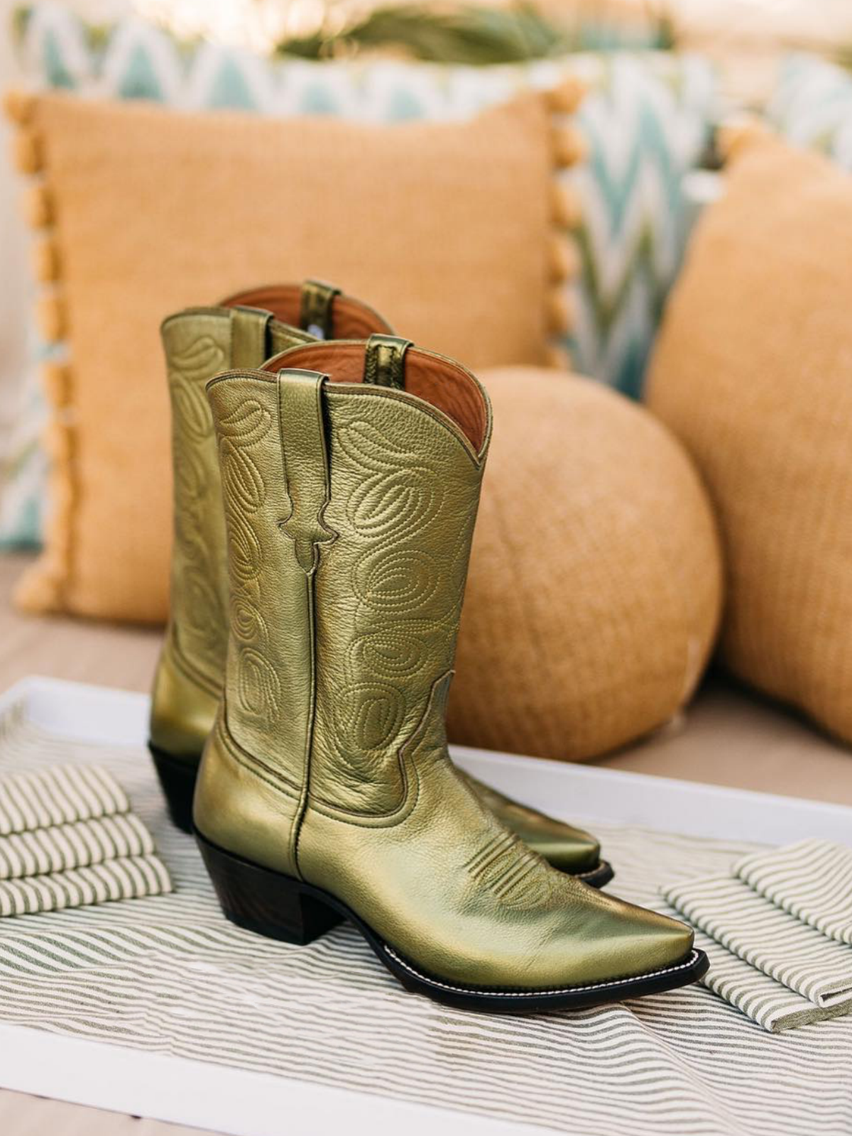 Olive Green Metallic Embroidery Cowgirl Boots Wide Calf Western Boots