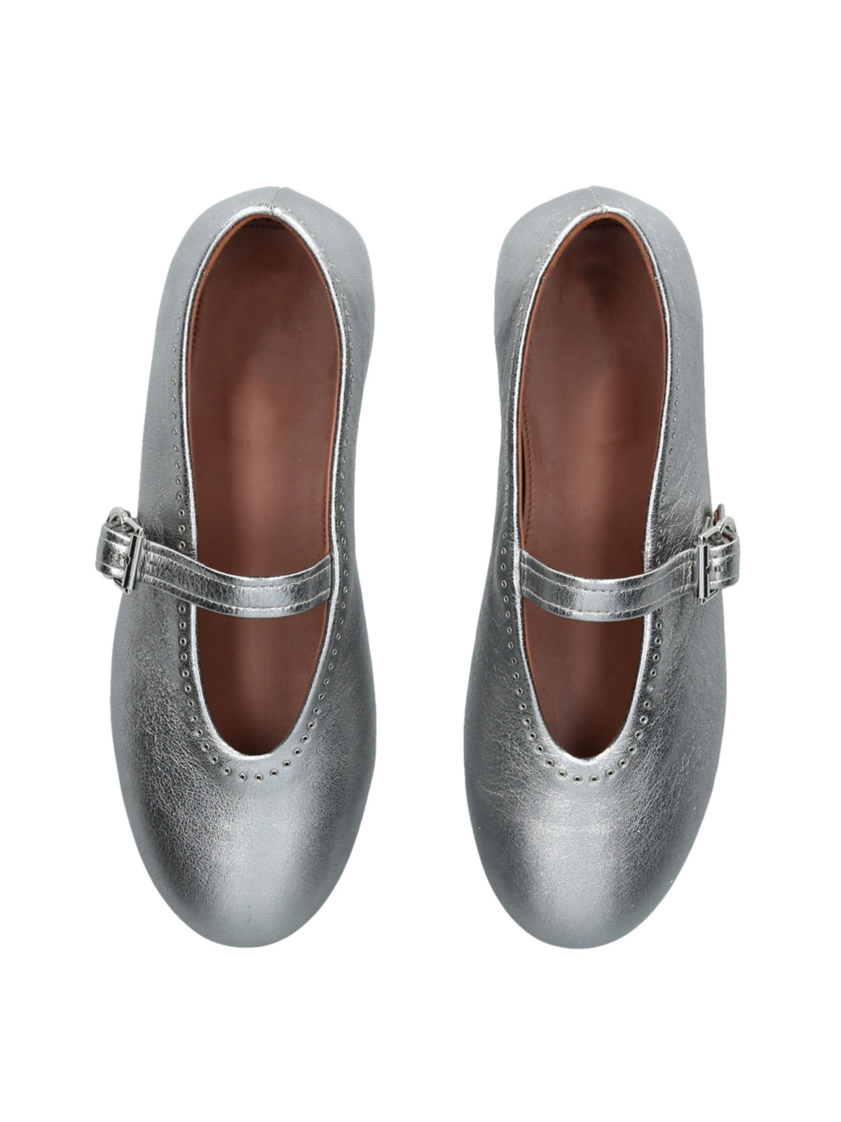 Metallic Silver Eyelet Ballet Flats Mary Janes With Buckled Strap