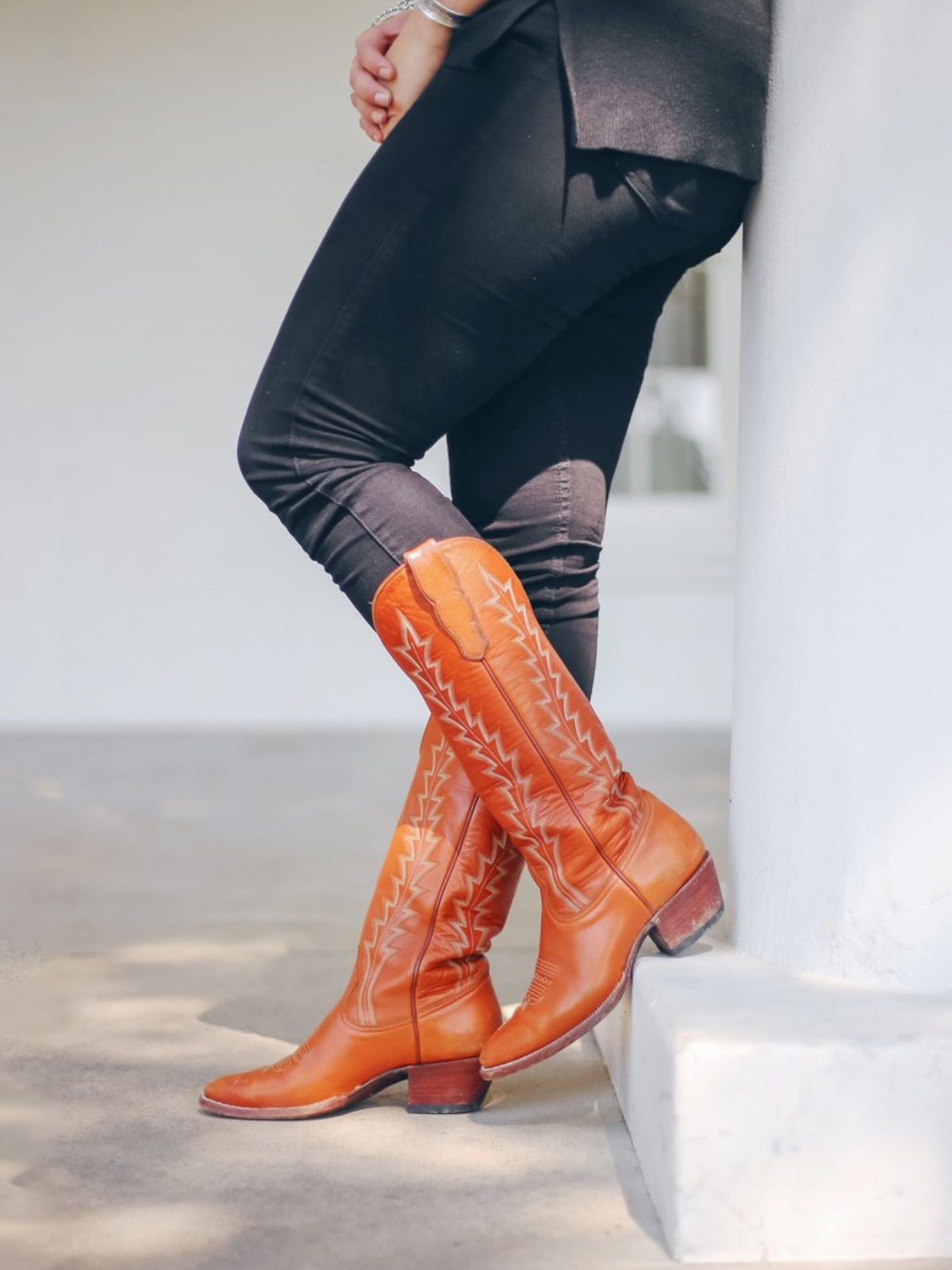 Cinnamon Brown Vegan Leather Embroidery Almond-Toe Wide Mid Calf Tall Cowgirl Boots