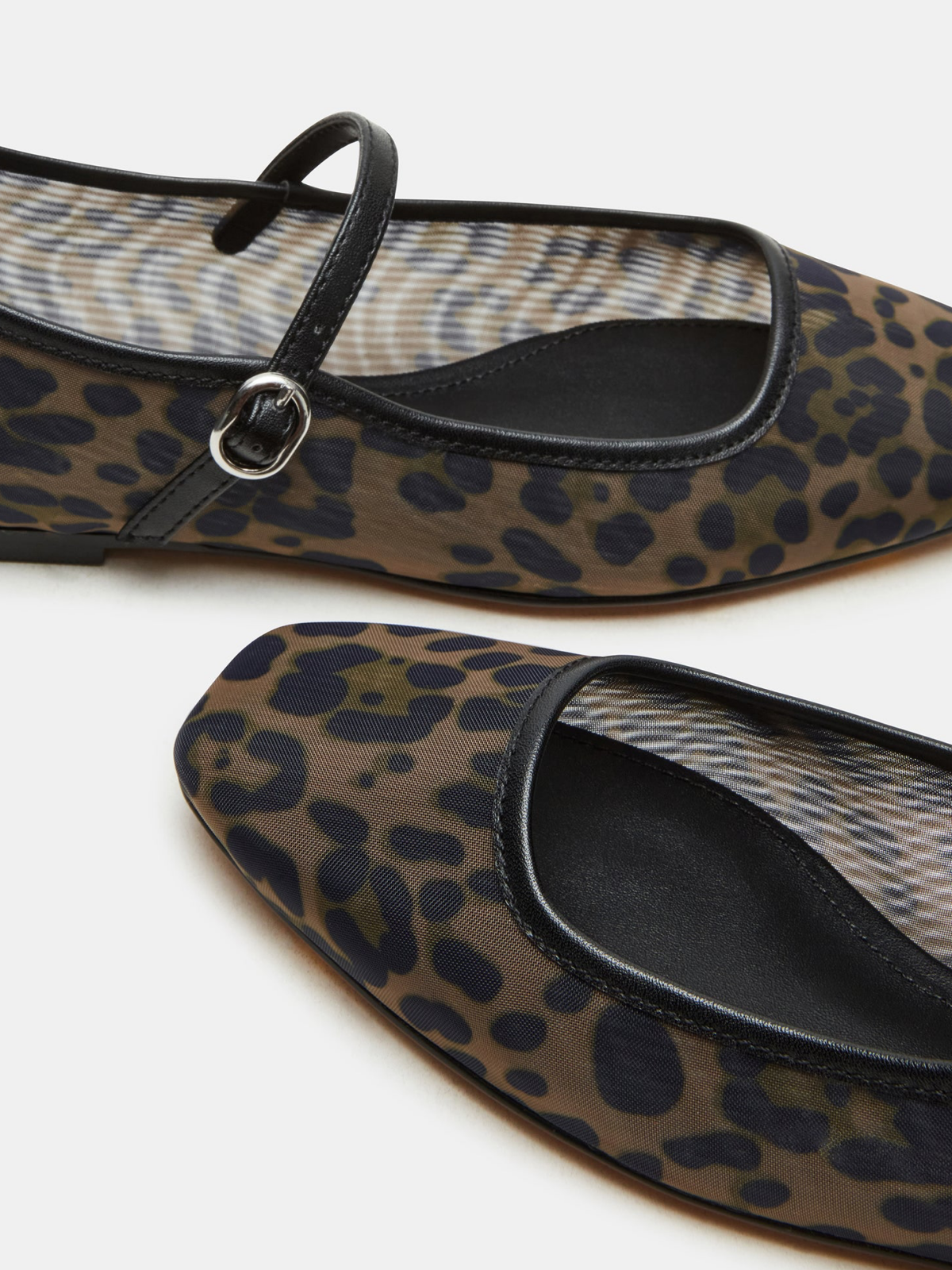 Leopard Mesh Square-Toe Mary Janes Ballet Flats With Bridge Strap