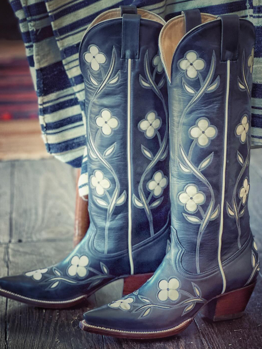 Dark Blue Pointed-Toe White Floral Inlay Wide Mid Calf Tall Cowgirl Boots