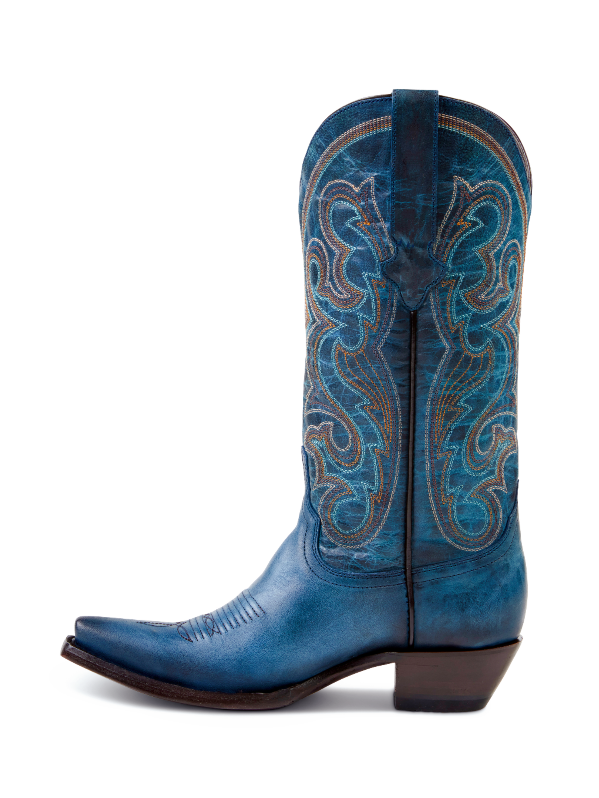 Distressed Blue Embroidery Snip-Toe Wide Mid Calf Tall Cowboy Boots For Women