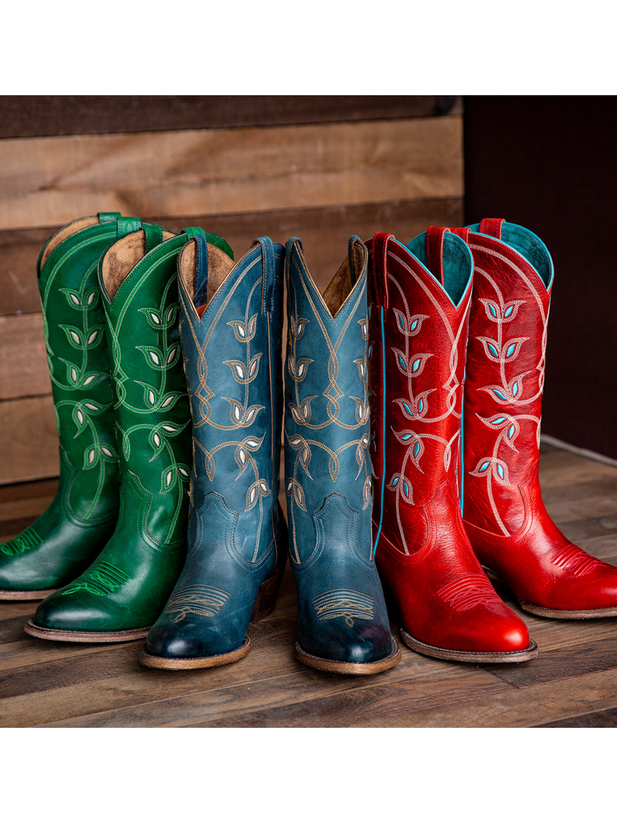 Blue Floral Embroidery Almond-Toe Wide Mid Calf Cowgirl Tall Boots