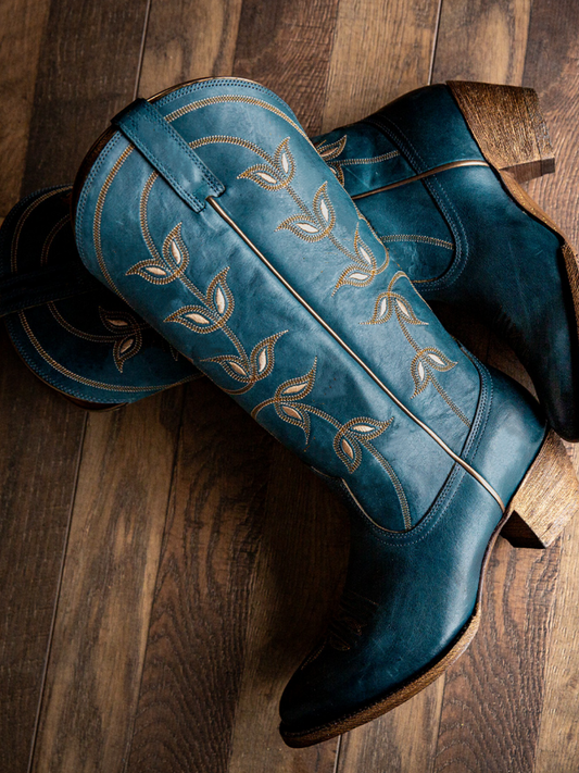 Blue Floral Embroidery Almond-Toe Wide Mid Calf Cowgirl Tall Boots