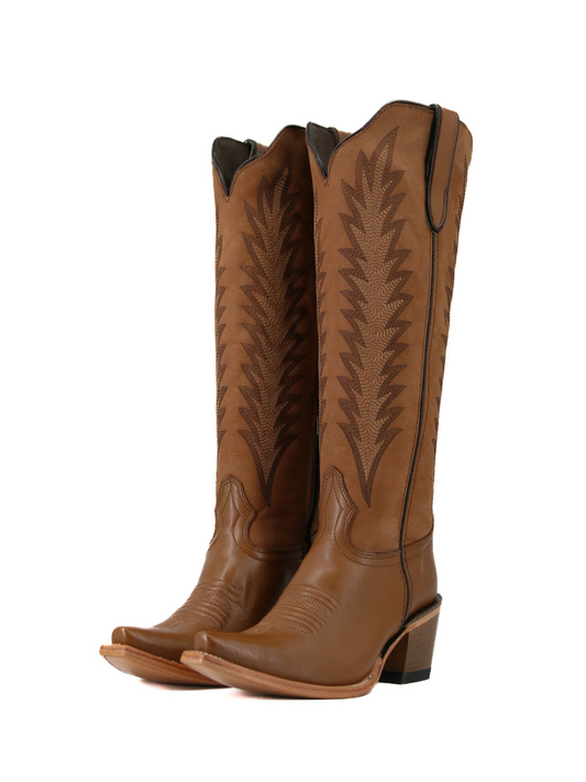 Brown Snip-Toe Half-Zip Classic Embroidery Knee High Tall Cowgirl Boots