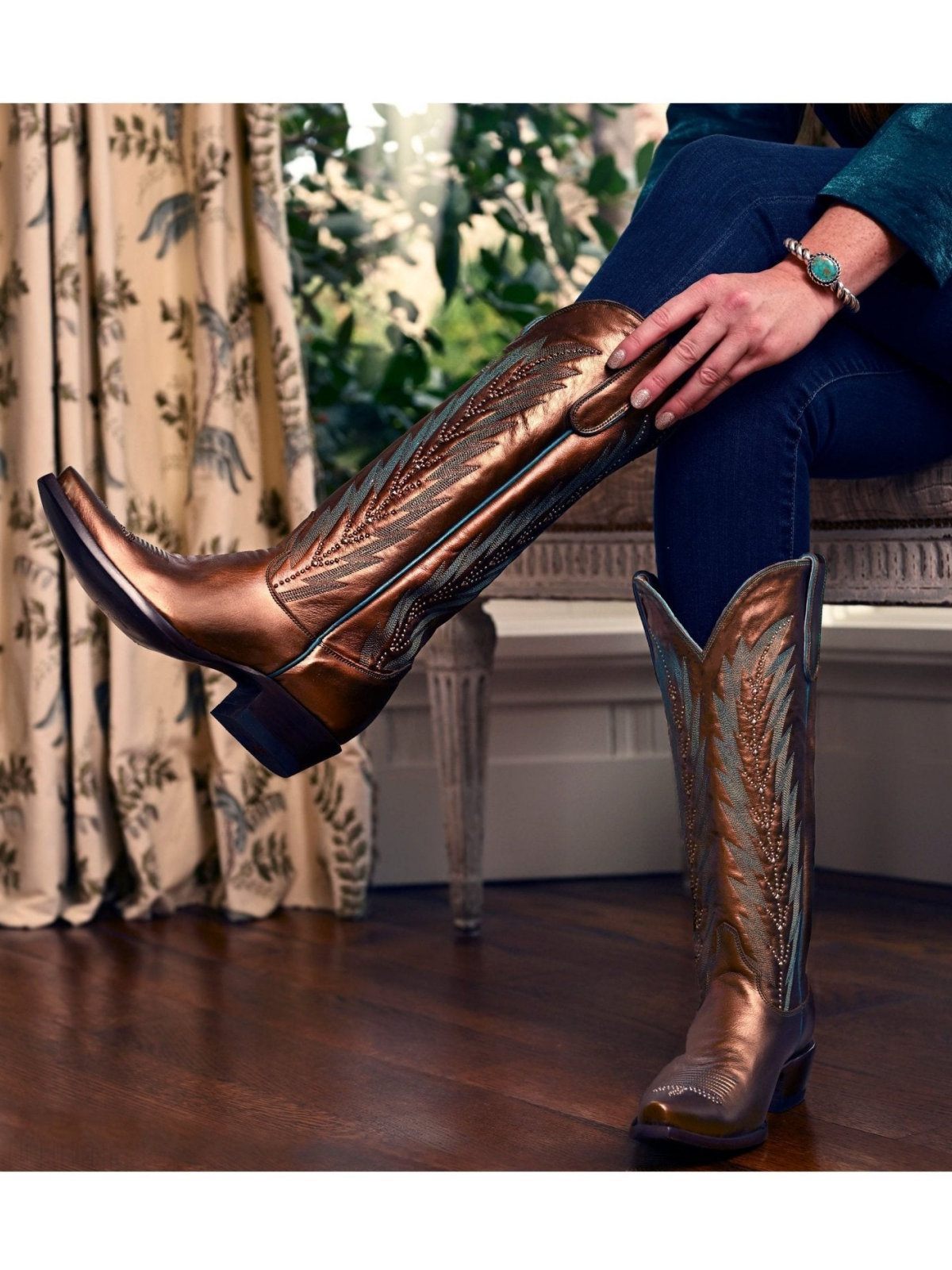 Metallic Copper Snip-Toe Leaf Embroidery Studded Wide Mid Calf Cowgirl Boots