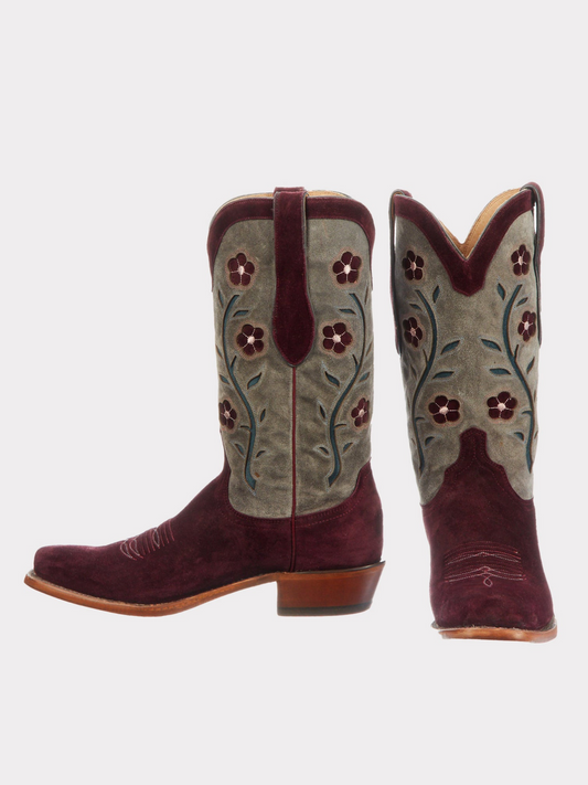 Floral Inlay Faux Suede Almond-Toe Wide Mid Calf Tall Cowgirl Boots - Contrast Burgundy And Gray