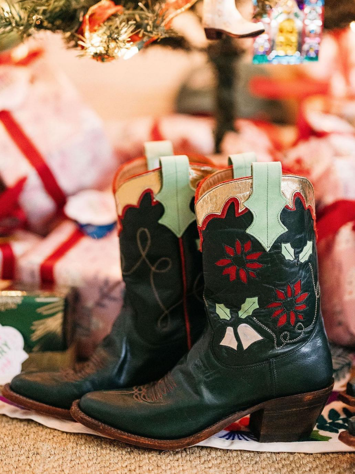 Dark Green Almond-Toe Metallic Faux Suede Collar Inaly Wide Mid Calf Cowgirl Boots