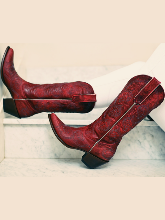 Crimson Red Distressed Embroidery Pointed-Toe Wide Mid Calf Cowgirl Boots Western Tall Boots