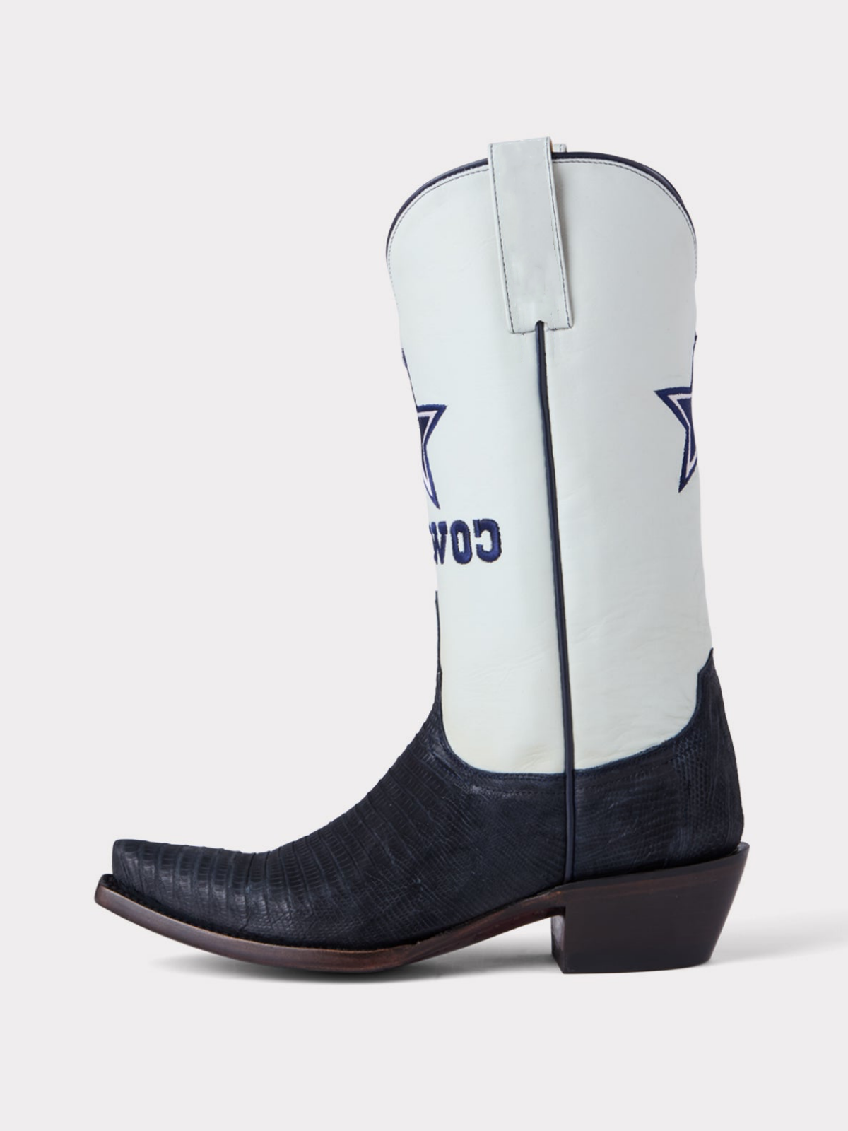 Contrast Navy Blue And White Snip-Toe Star Embroidery Wide Mid Calf Tall Cowboy Boots For Women