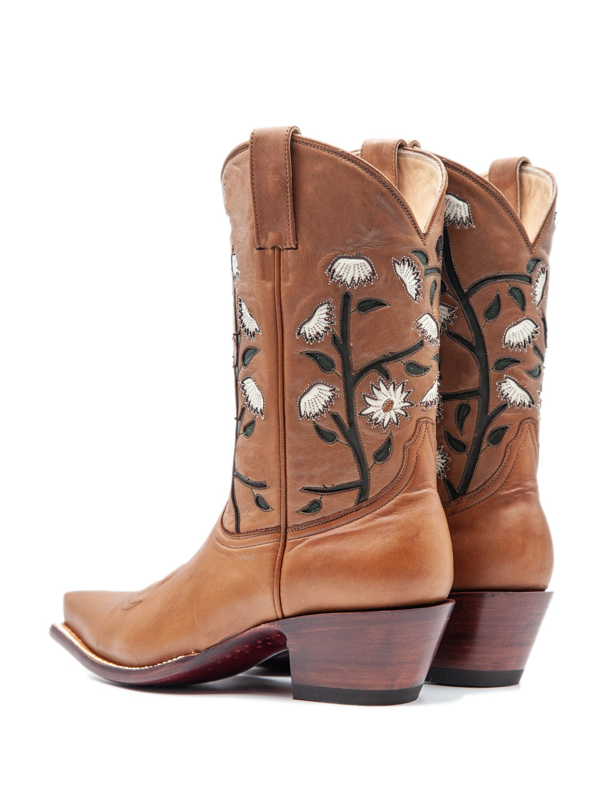 Cognac Snip-Toe Daisy Inlay Wide Mid Calf Cowboy Boots For Women