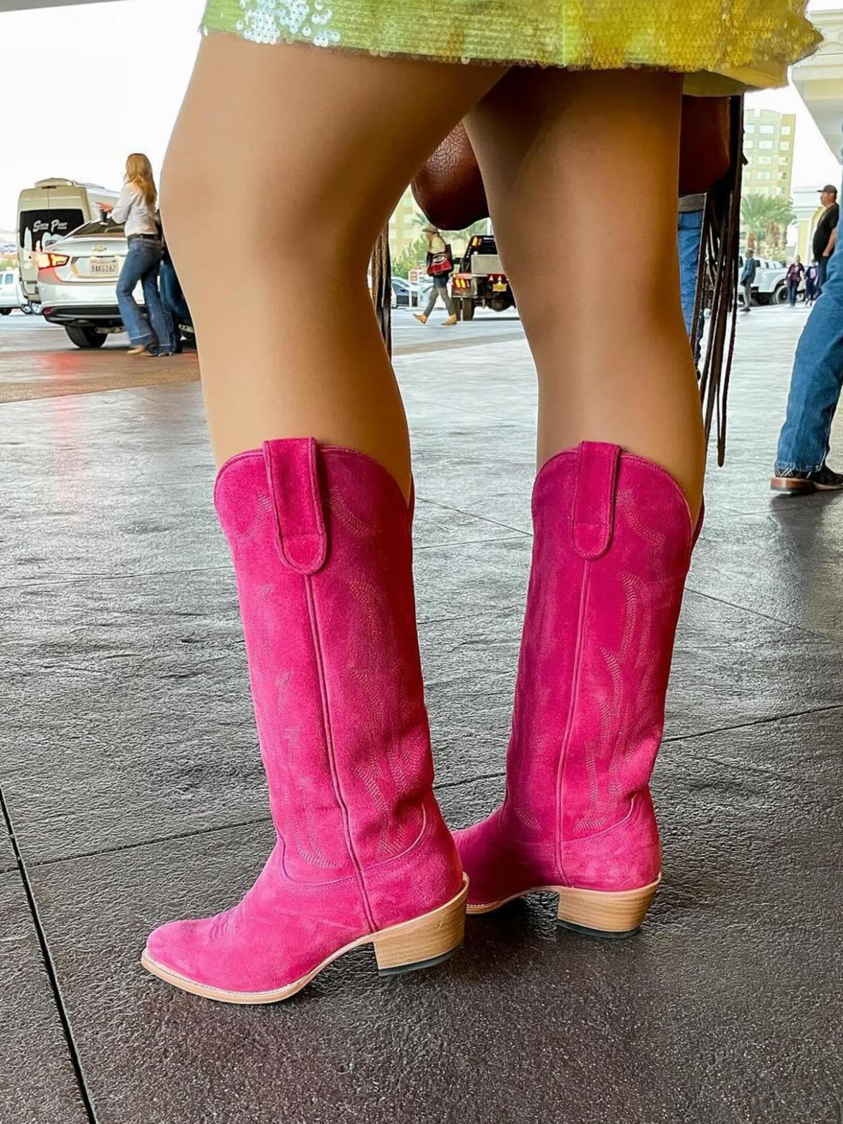 Hot Pink Faux Suede Embroidery Almond-Toe Wide Mid Calf Cowboy Tall Boots For Women