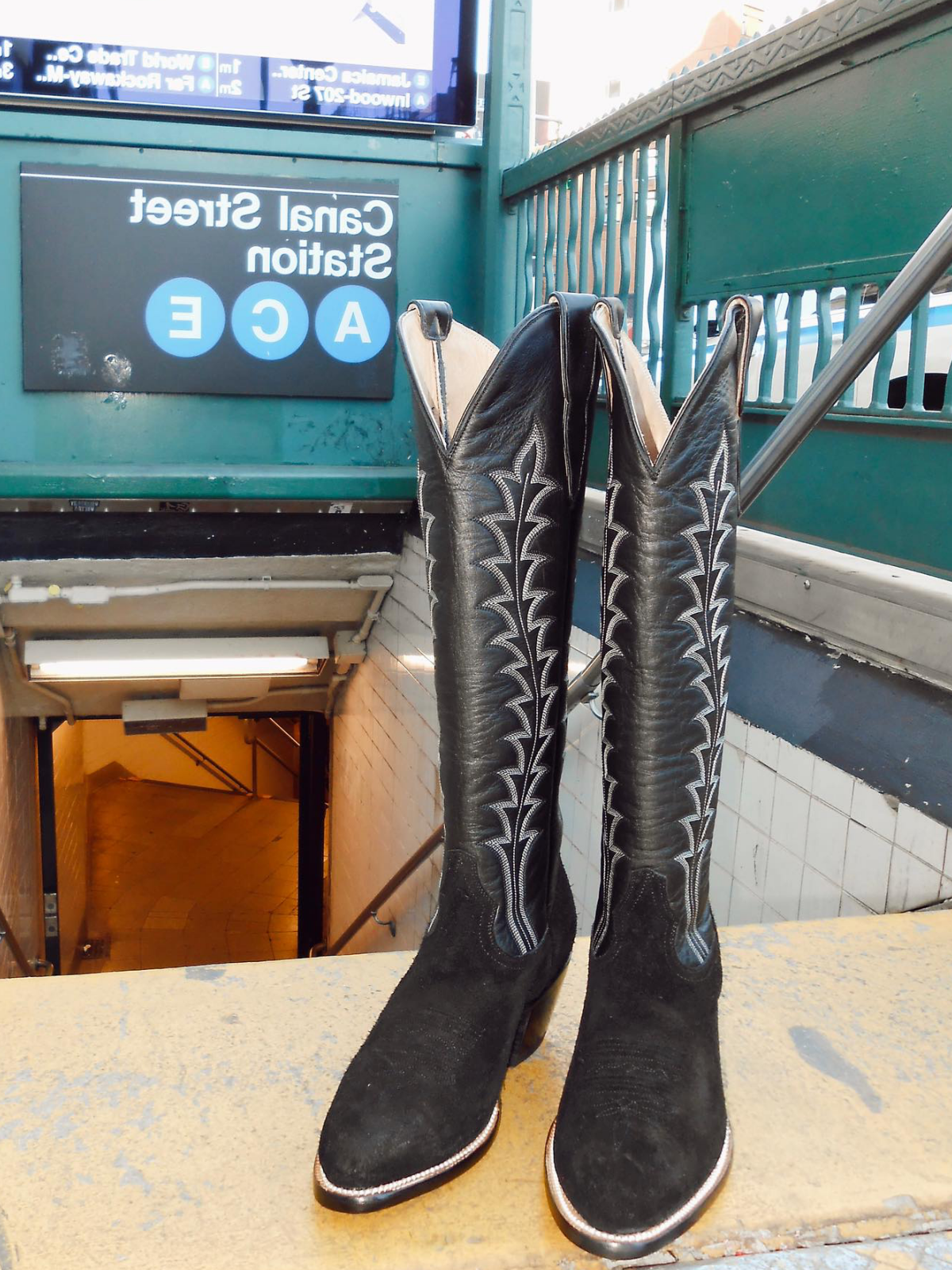 Faux Suede & Vegan Leather Embroidery Almond-Toe Wide Mid Calf Cowgirl Boots in Contrast Black