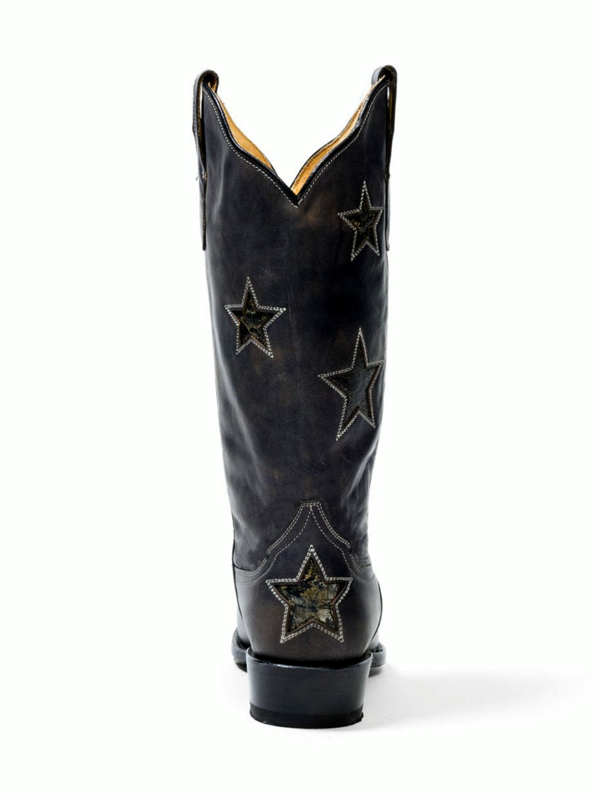 Black Snip-Toe Metallic Star Inlay Wide Mid Calf Cowgirl Boots