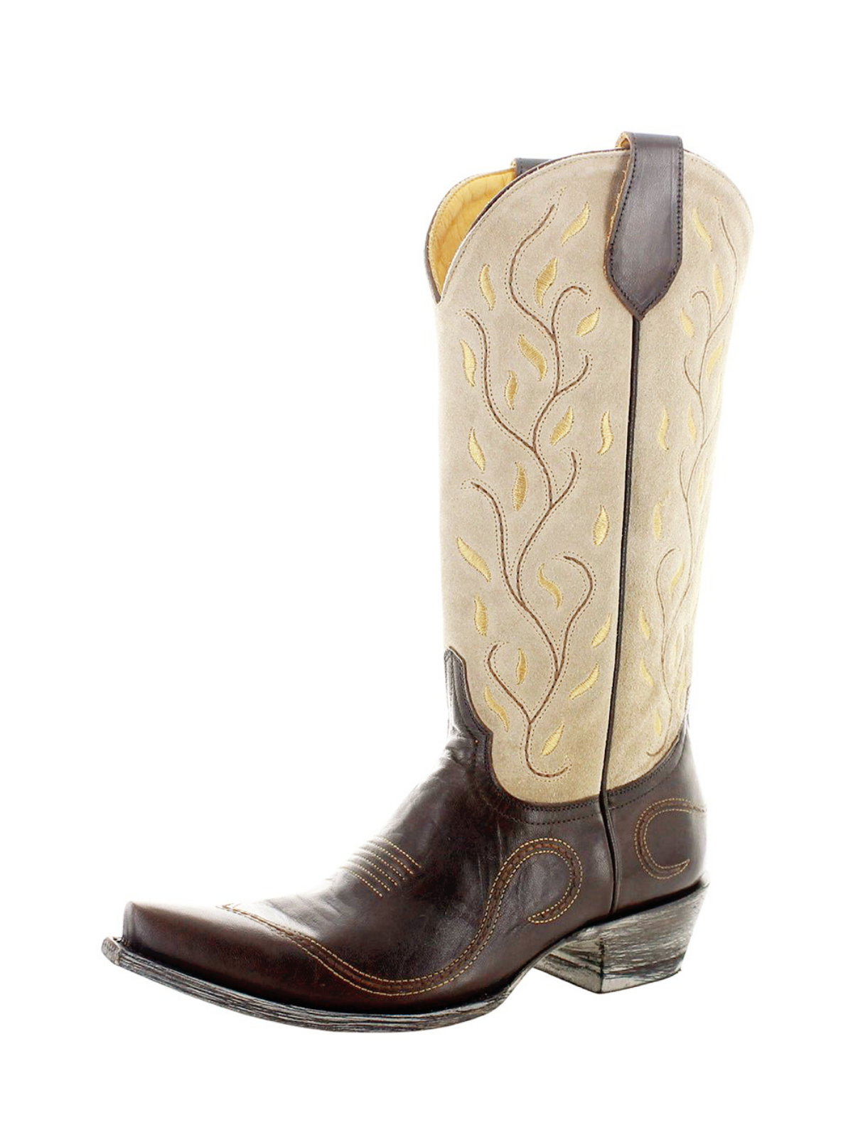 Contrast Chocolate And Tan Faux Suede Snip-Toe Embroidery Wide Mid Calf Cowgirl Boots