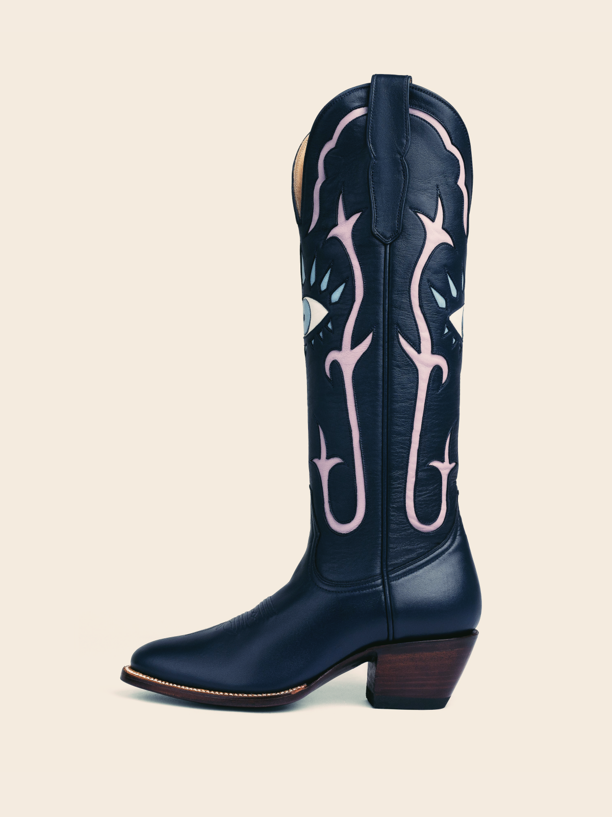 Navy Blue Evil Eye Inlay Almond-Toe Wide Mid Calf Western Cowgirl Tall Boots