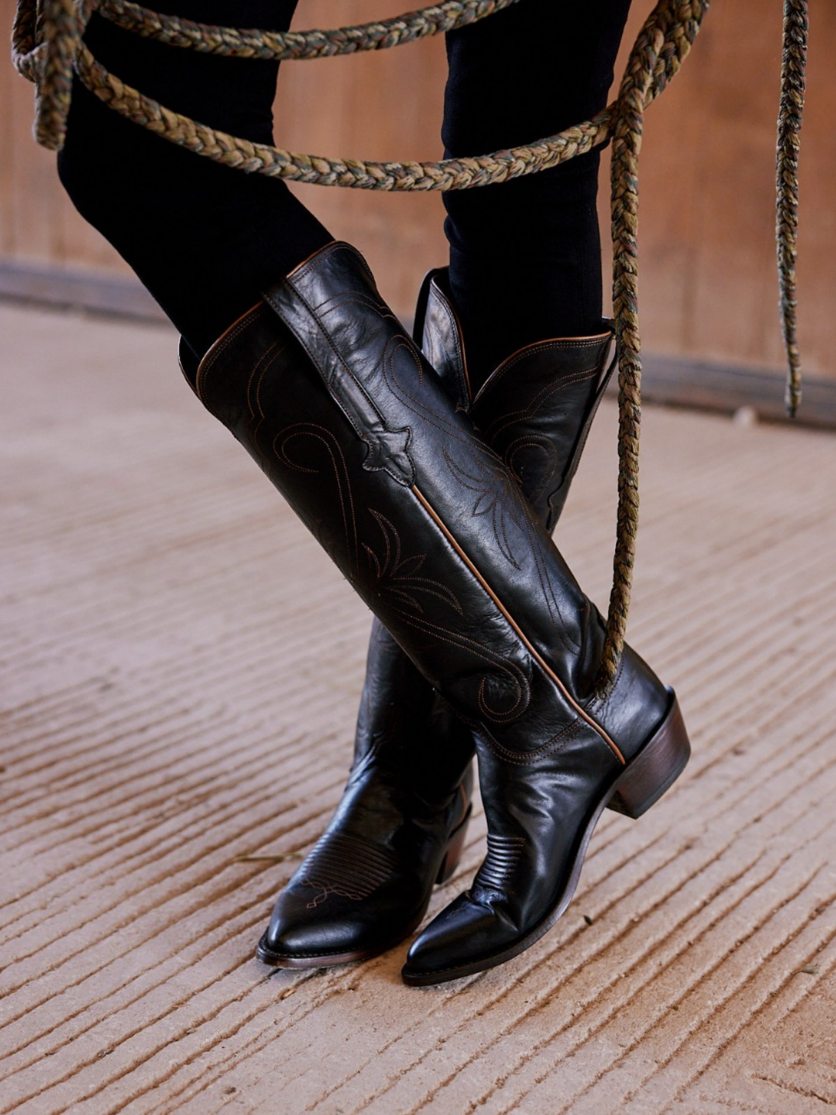 Black Almond-Toe Embroidery Wide Calf Knee High Tall Western Boots For Women