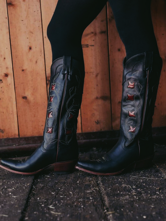 Black Snip-Toe Wide Mid Calf Western Cowgirl Boots With Red Flower Inlay