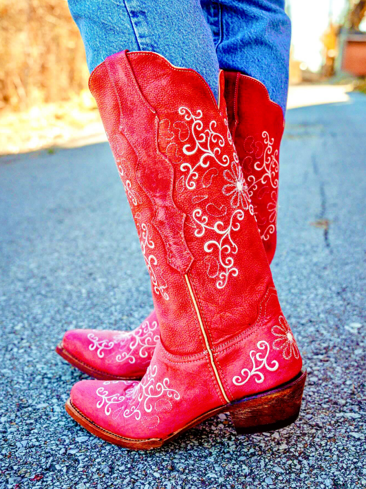 Red Filigree Floral Embroidery Snip-Toe Wide Mid Calf Western Boots Cowgirl Tall Boots