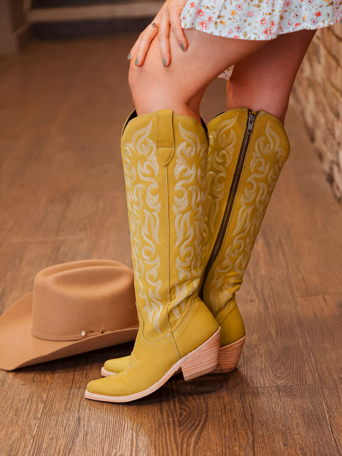 Embroidery Almond-Toe Full-Zip Knee High Tall Cowgirl Boots - Honey