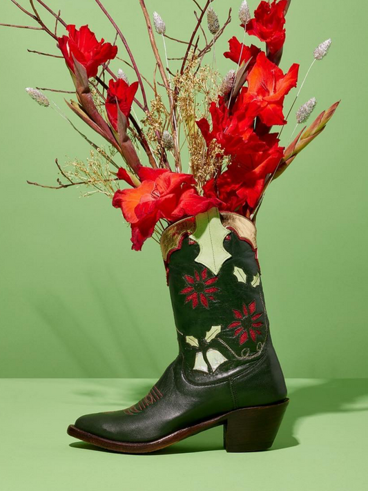 Dark Green Almond-Toe Metallic Faux Suede Collar Inaly Wide Mid Calf Cowgirl Boots