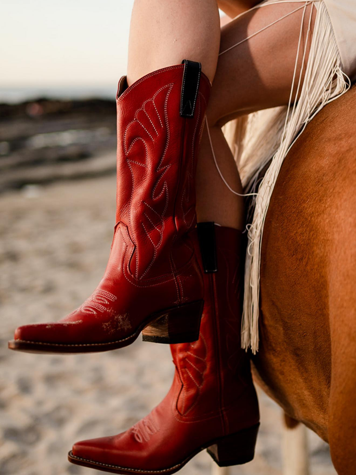 Red Vegan Leather Padded Embroidery Snip-Toe Wide Mid Calf Western Tall Boots