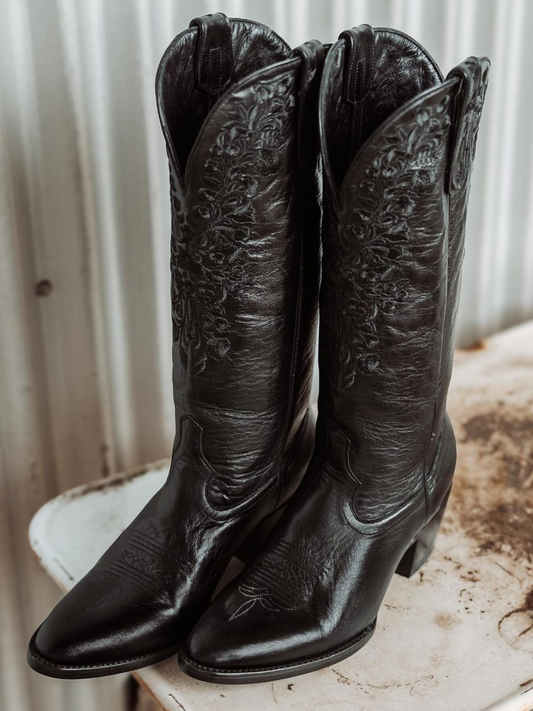 Black Floral Embroidery Round-Toe Wide Mid Calf Cowboy Tall Boots For Women