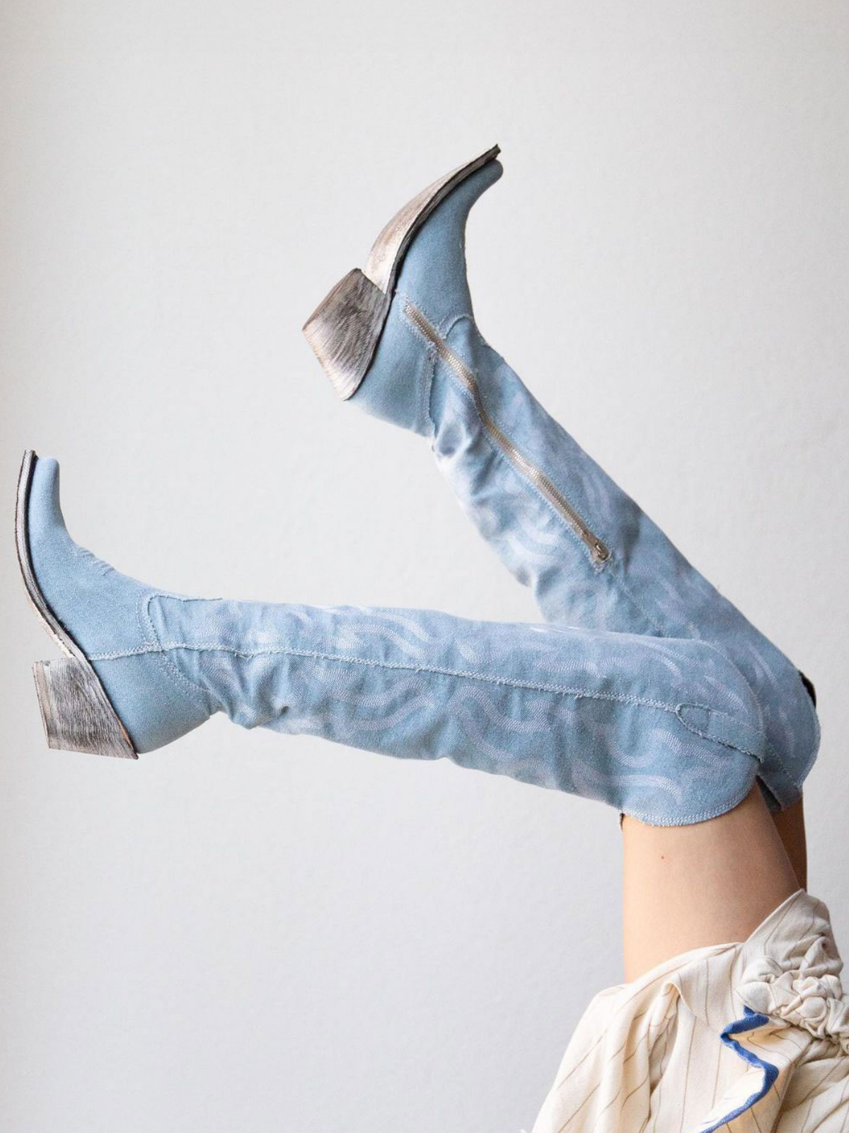 Denim Blue Embroidery Pointed-Toe Half-Zip Over-The-Knee Cowgirl Boots