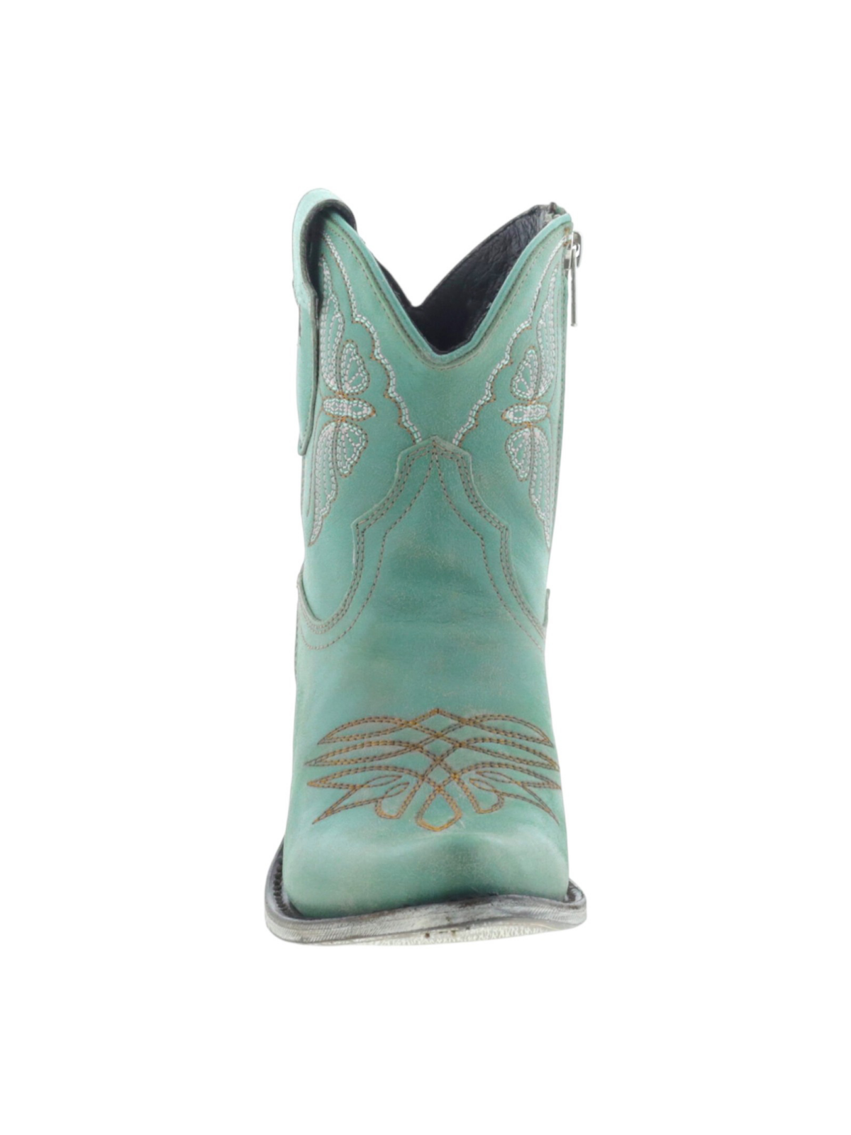 Butterfly Embroidery Almond-Toe Full-Zip Ankle Booties - Aqua